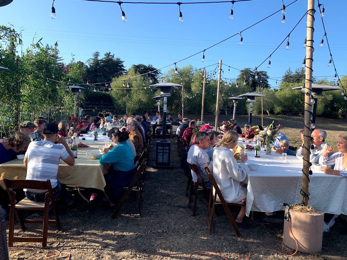 an outdoor event with people sitting around decorated tables in a garden